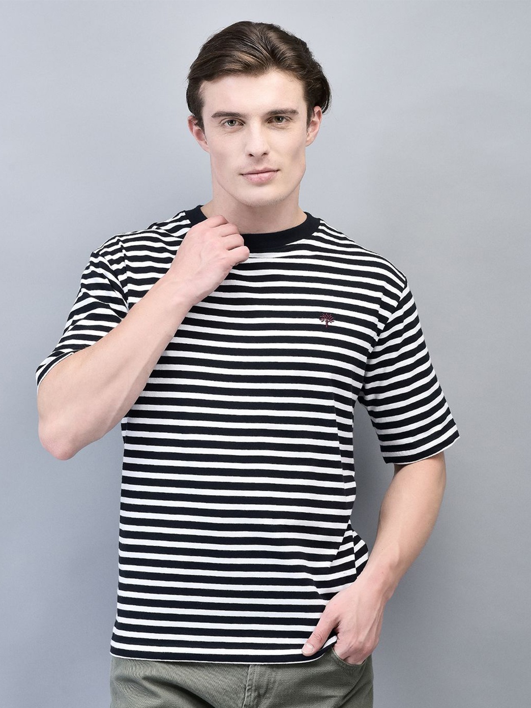 

Woodland Men Striped Monochrome Cotton T-shirt, Black