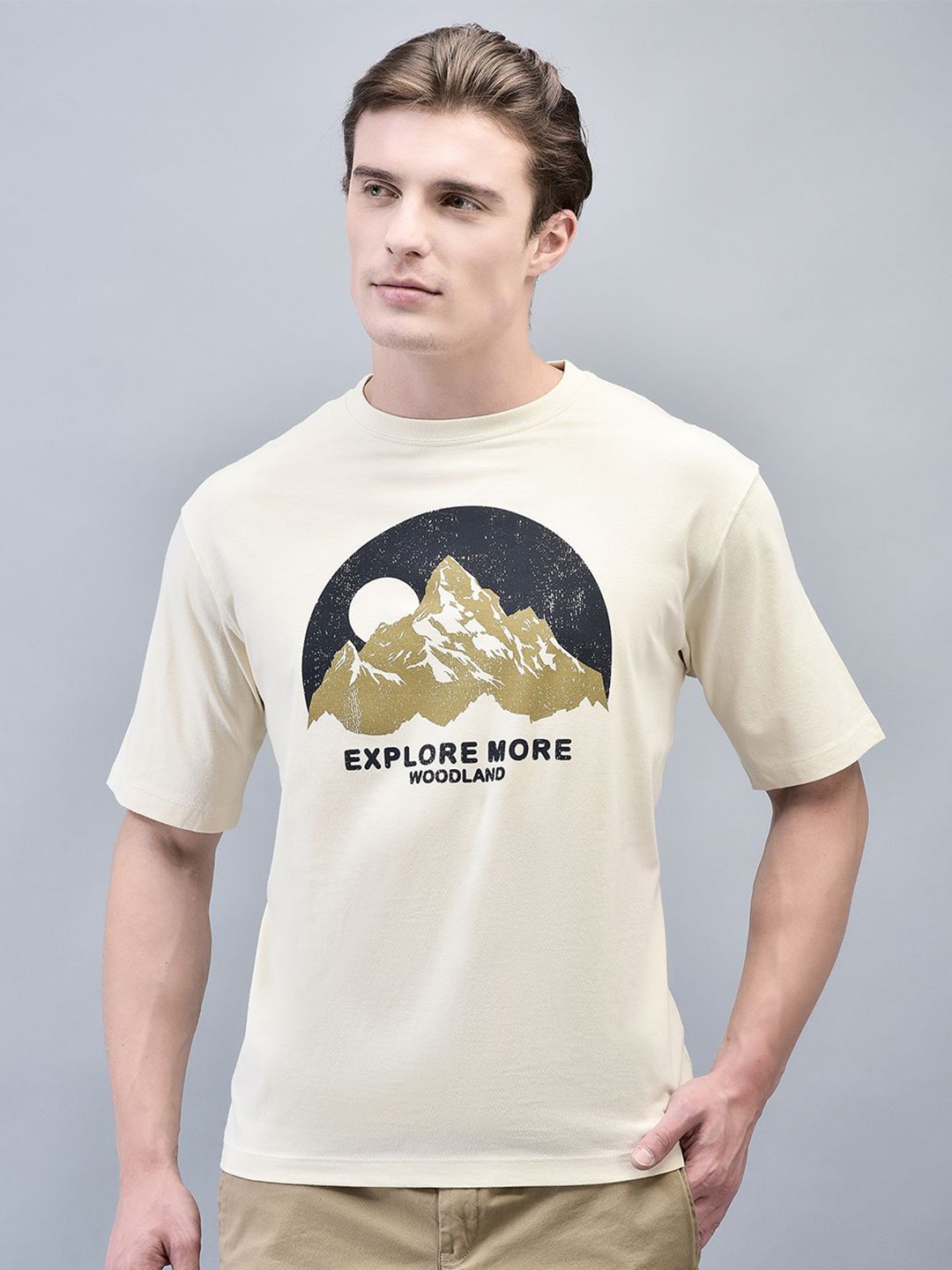 

Woodland Men Typography Printed Round Neck Cotton T-shirt, Off white