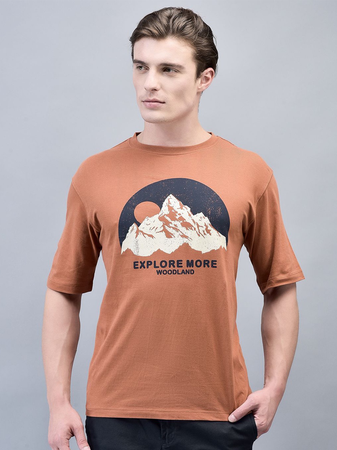 

Woodland Men Typography Printed Round Neck Cotton T-shirt, Rust