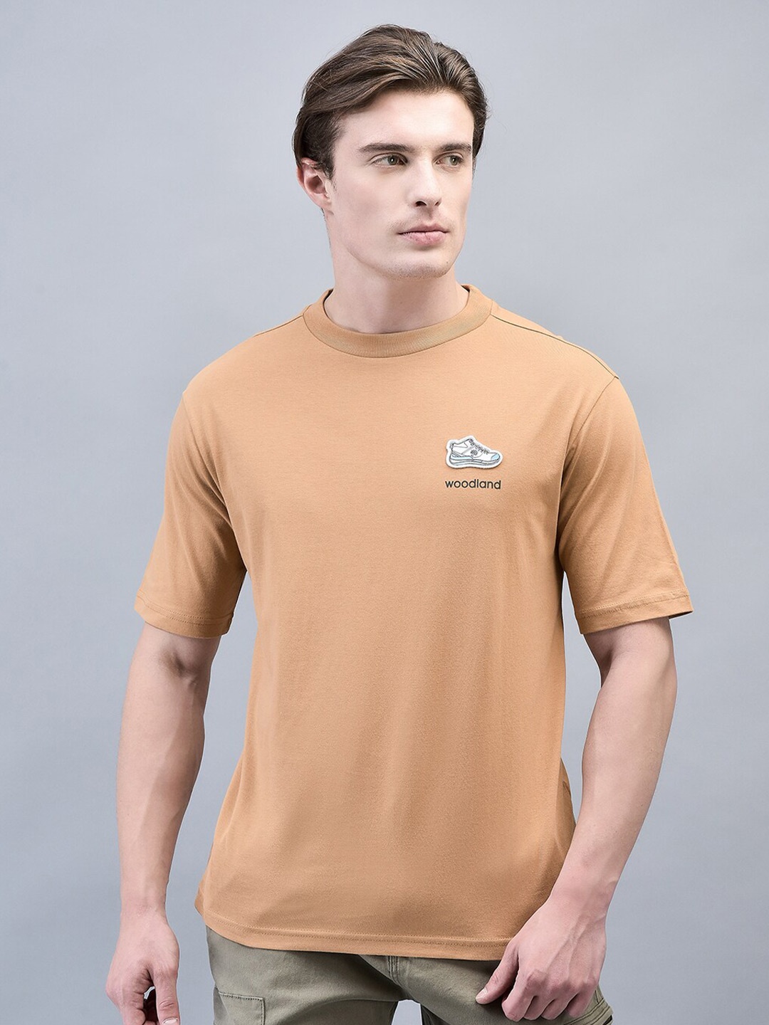 

Woodland Men Typography Printed Round Neck Applique T-shirt, Peach