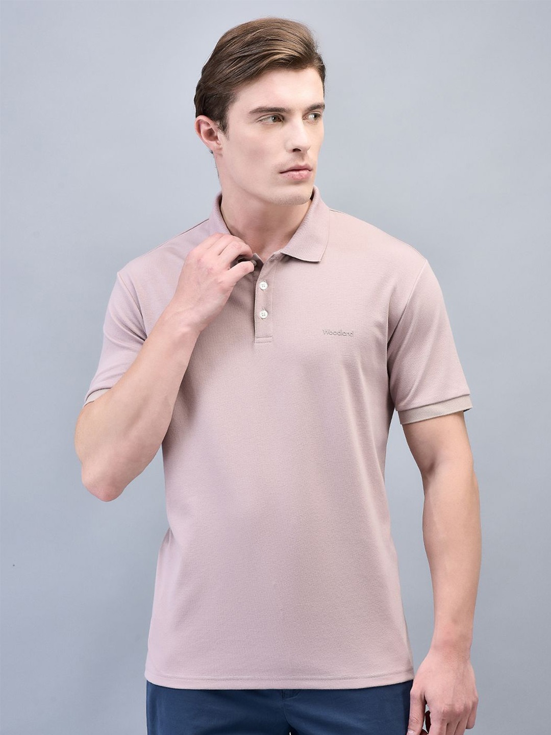 

Woodland Men Solid Embroidered Polo Collar T-shirt, Pink