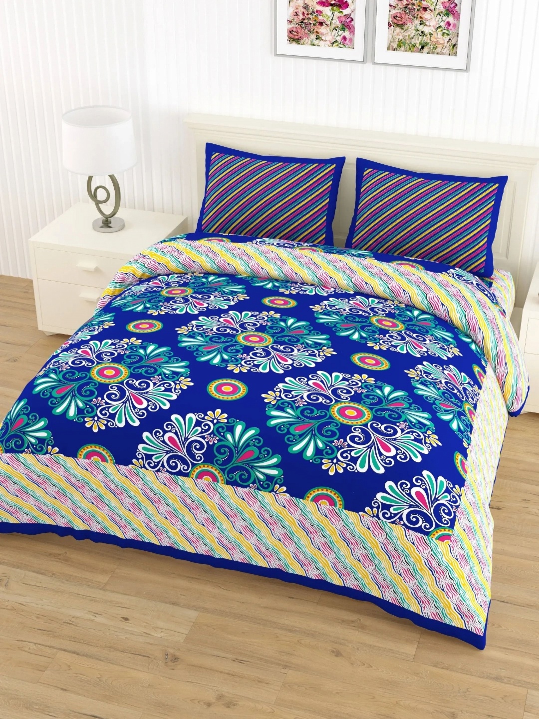 

LIVING ROOTS Double Queen Size Jaipur Block Print Cotton Double Bedsheet & 2 Pillow Covers, Navy blue