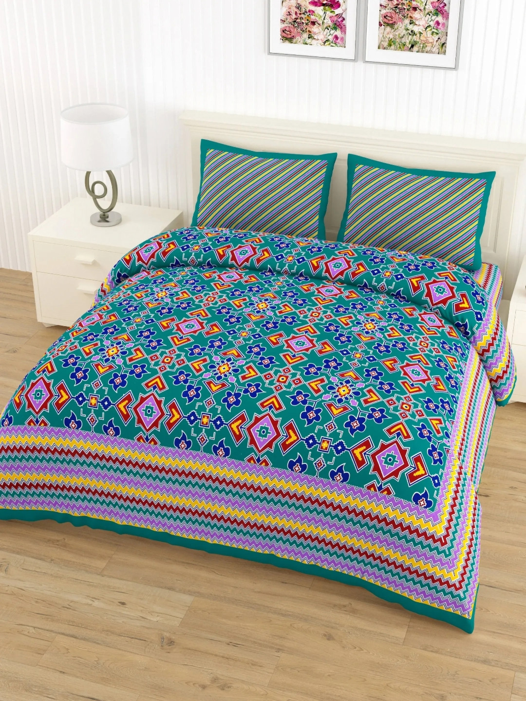 

LIVING ROOTS Double Queen Size Jaipur Block Print Cotton Double Bedsheet & 2 Pillow Covers, Green