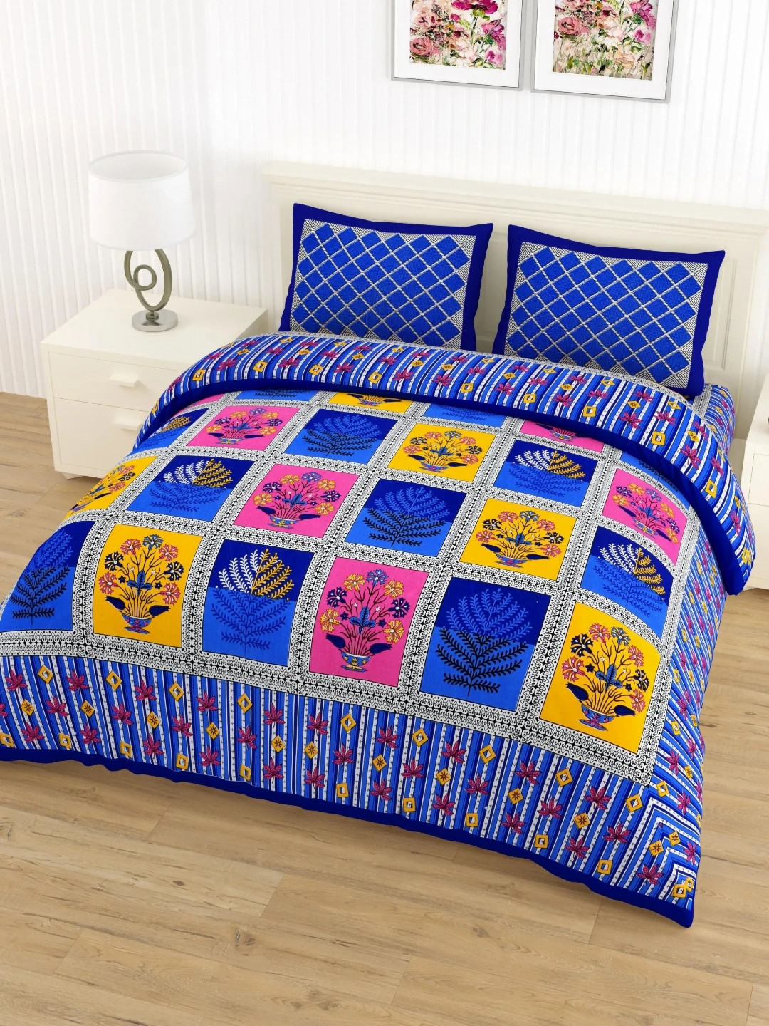 

LIVING ROOTS Double Queen Size Jaipur Block Print Cotton Double Bedsheet & 2 Pillow Covers, Blue
