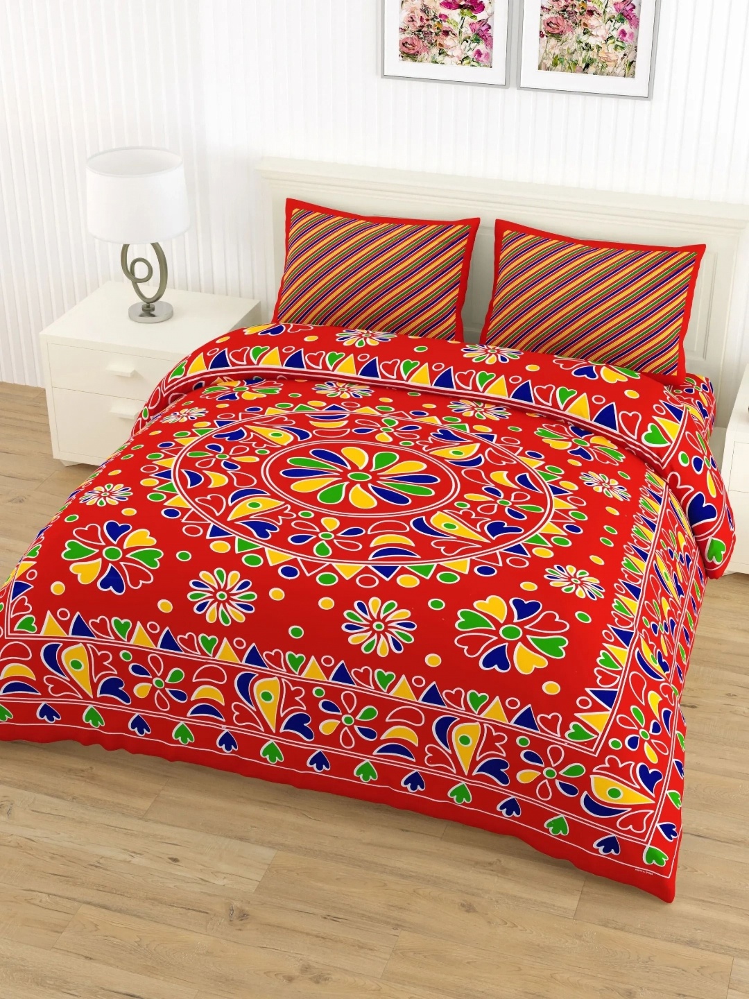 

LIVING ROOTS Double Queen Size Jaipur Block Print Cotton Double Bedsheet & 2 Pillow Covers, Red