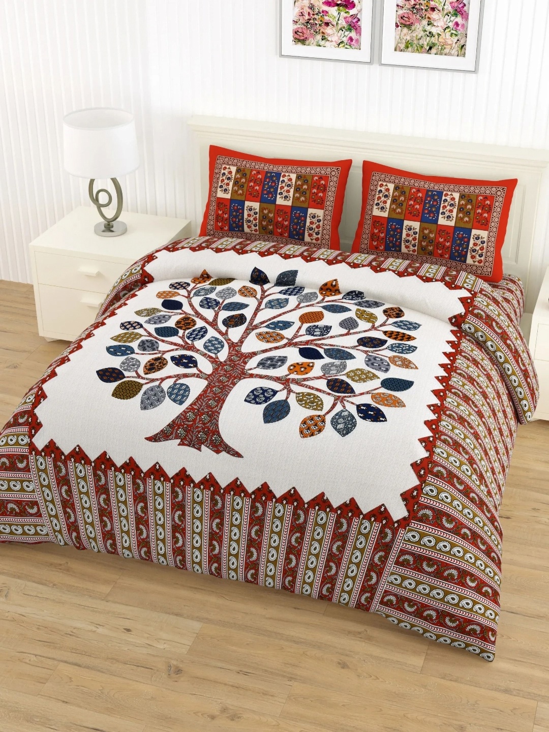 

LIVING ROOTS Double Queen Size Jaipur Block Print Cotton Double Bedsheet & 2 Pillow Covers, White