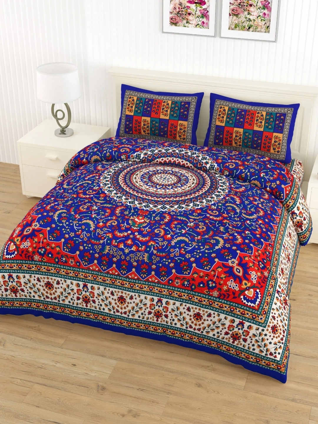 

LIVING ROOTS Double Queen Size Jaipur Block Print Cotton Double Bedsheet & 2 Pillow Covers, Red