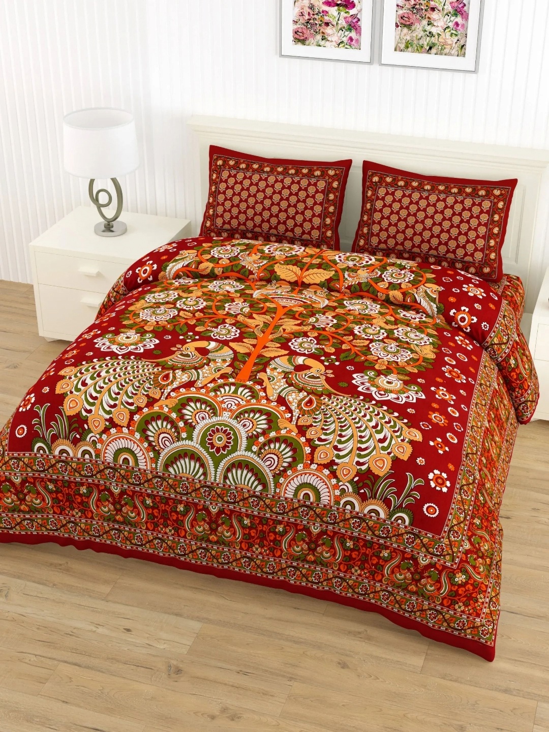 

LIVING ROOTS Double Queen Size Jaipur Block Print Cotton Double Bedsheet & 2 Pillow Covers, Red