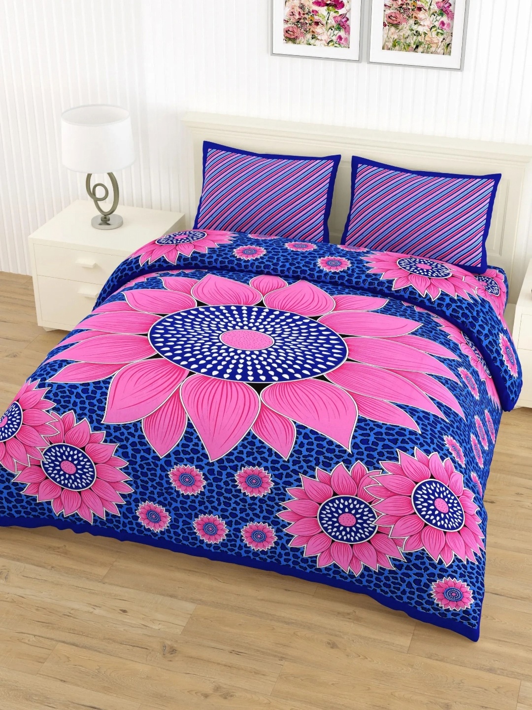 

LIVING ROOTS Double Queen Size Jaipur Block Print Cotton Double Bedsheet & 2 Pillow Covers, Purple