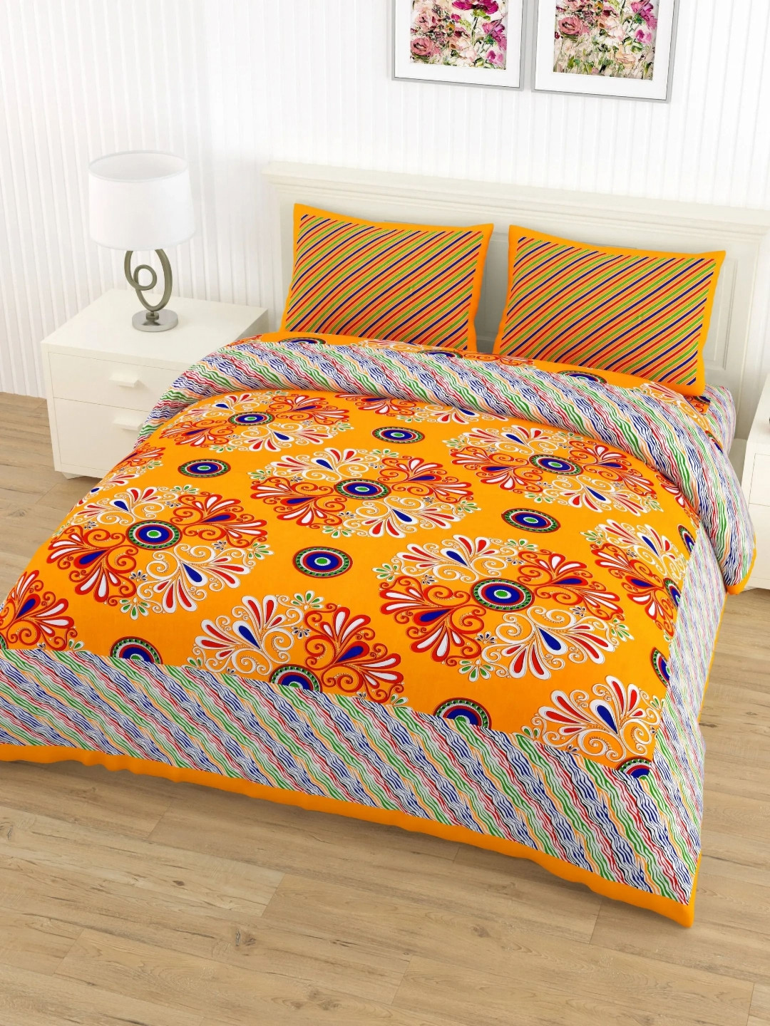 

LIVING ROOTS Double Queen Size Jaipur Block Print Cotton Double Bedsheet & 2 Pillow Covers, Orange