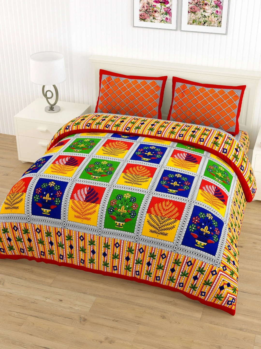 

LIVING ROOTS Double Queen Size Jaipur Block Print Cotton Double Bedsheet & 2 Pillow Covers, Red