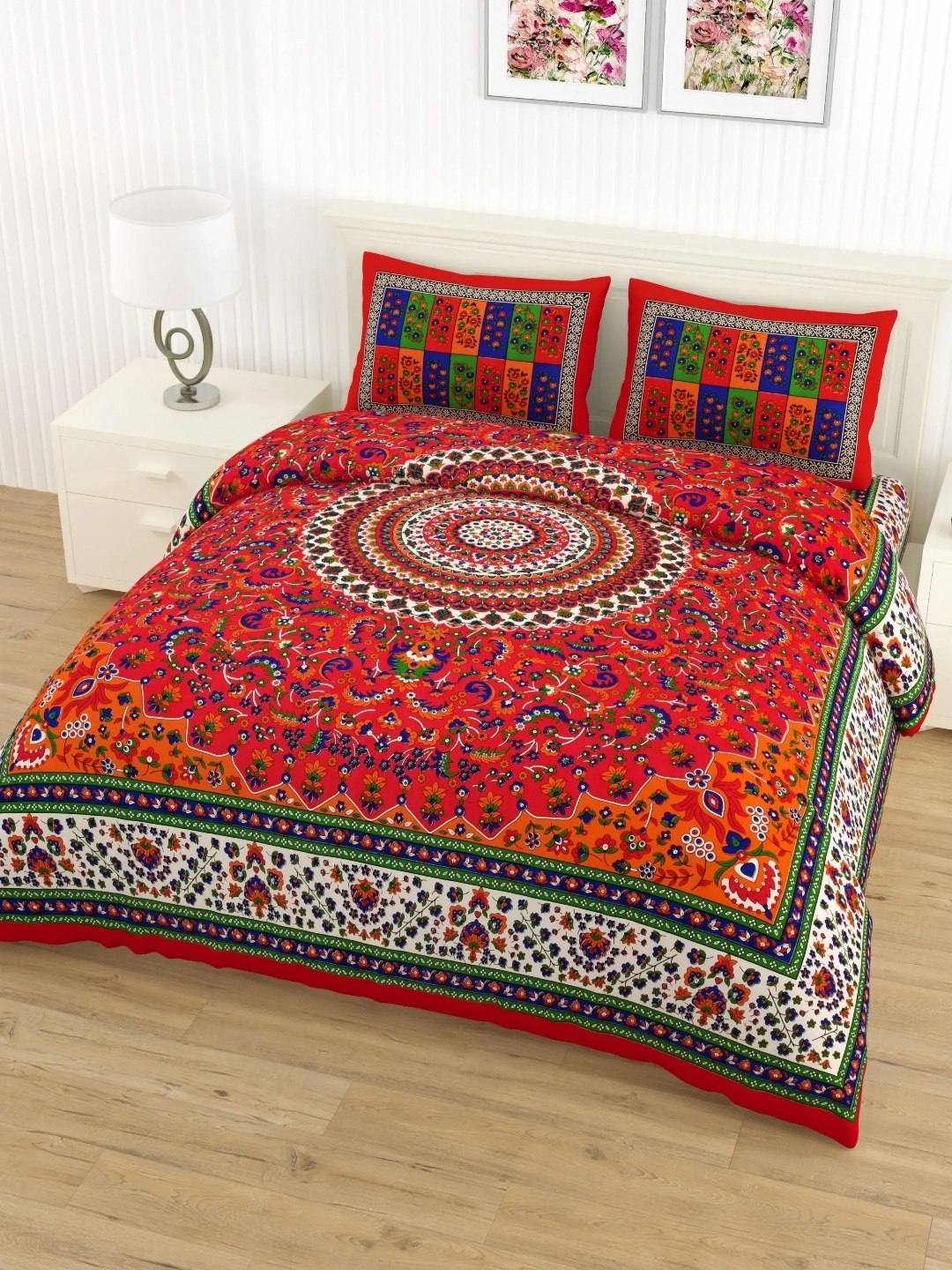 

LIVING ROOTS Double Queen Size Jaipur Block Print Cotton Double Bedsheet & 2 Pillow Covers, Orange