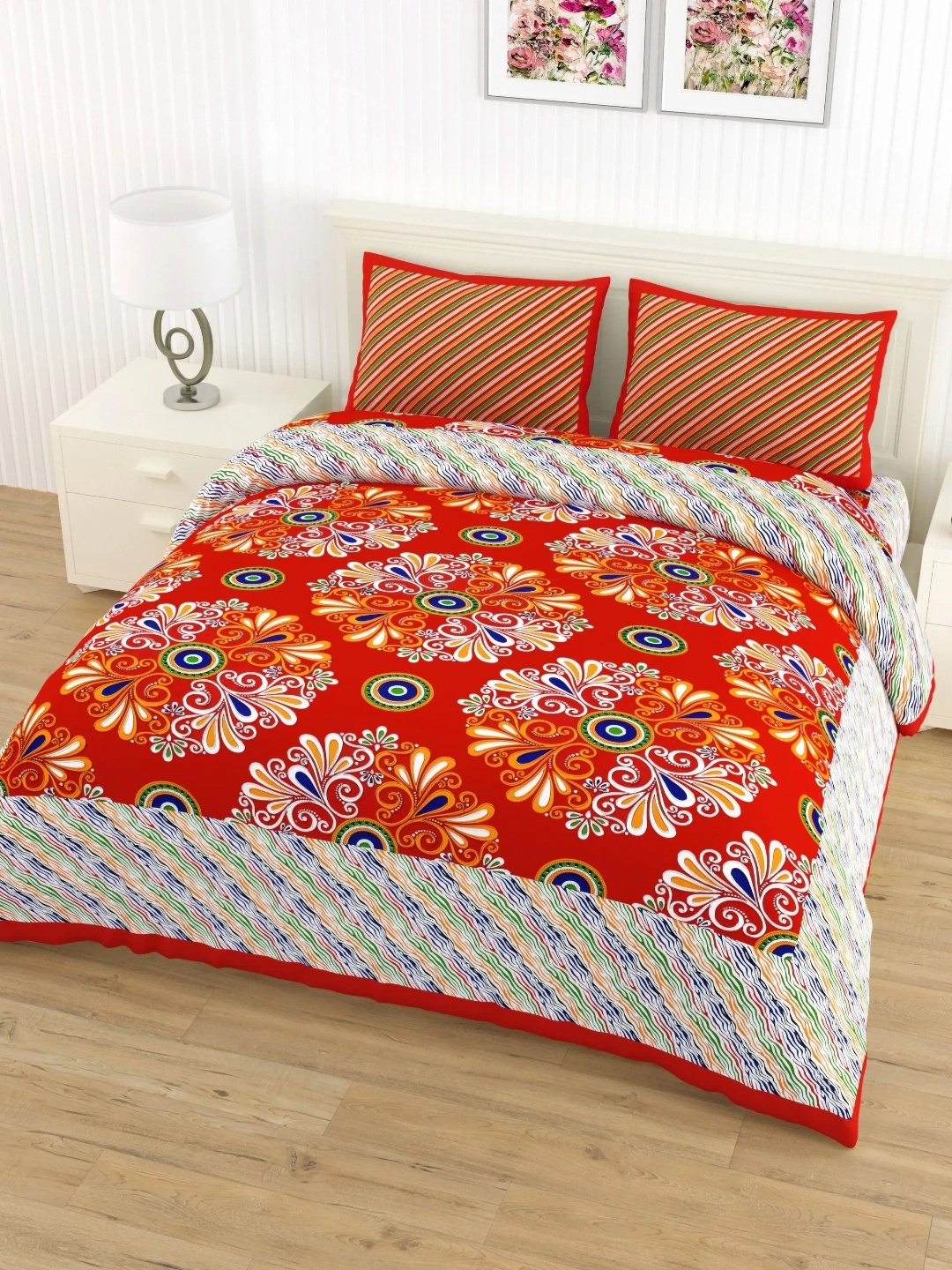 

LIVING ROOTS Double Queen Size Jaipur Block Print Cotton Double Bedsheet & 2 Pillow Covers, Red