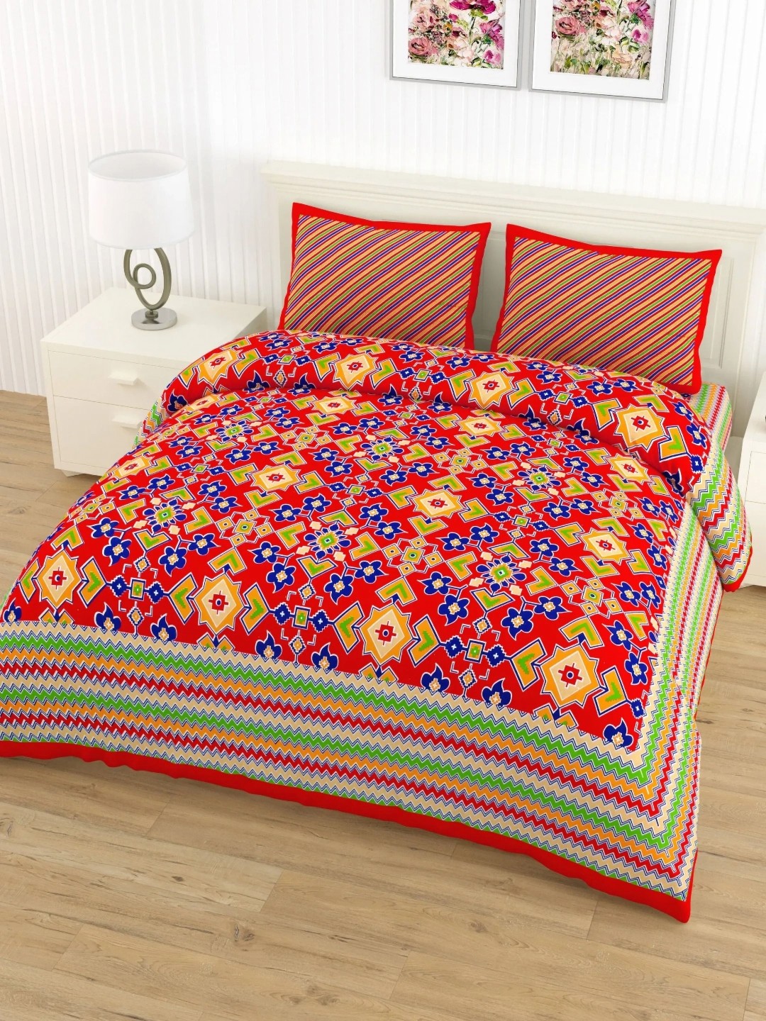 

LIVING ROOTS Double Queen Size Jaipur Block Print Cotton Double Bedsheet & 2 Pillow Covers, Red