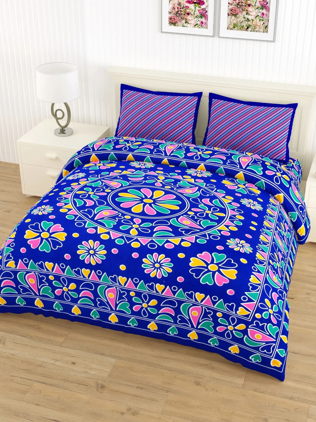 

LIVING ROOTS Double Queen Size Jaipur Block Print Cotton Double Bedsheet & 2 Pillow Covers, Blue
