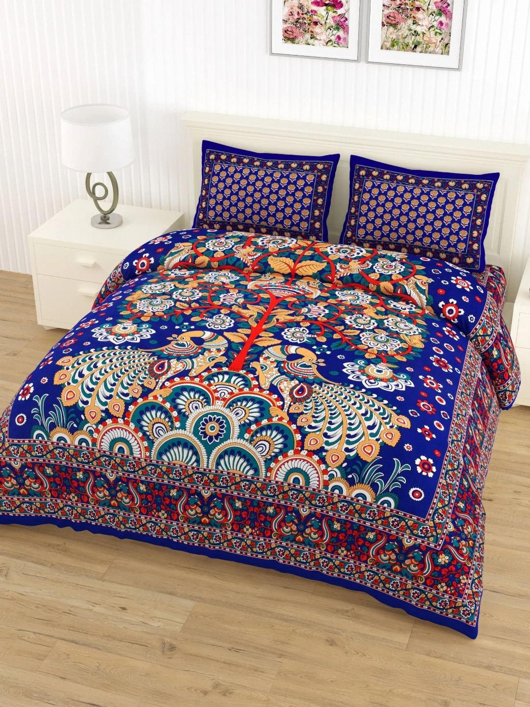 

LIVING ROOTS Double Queen Size Jaipur Block Print Cotton Double Bedsheet & 2 Pillow Covers, Blue