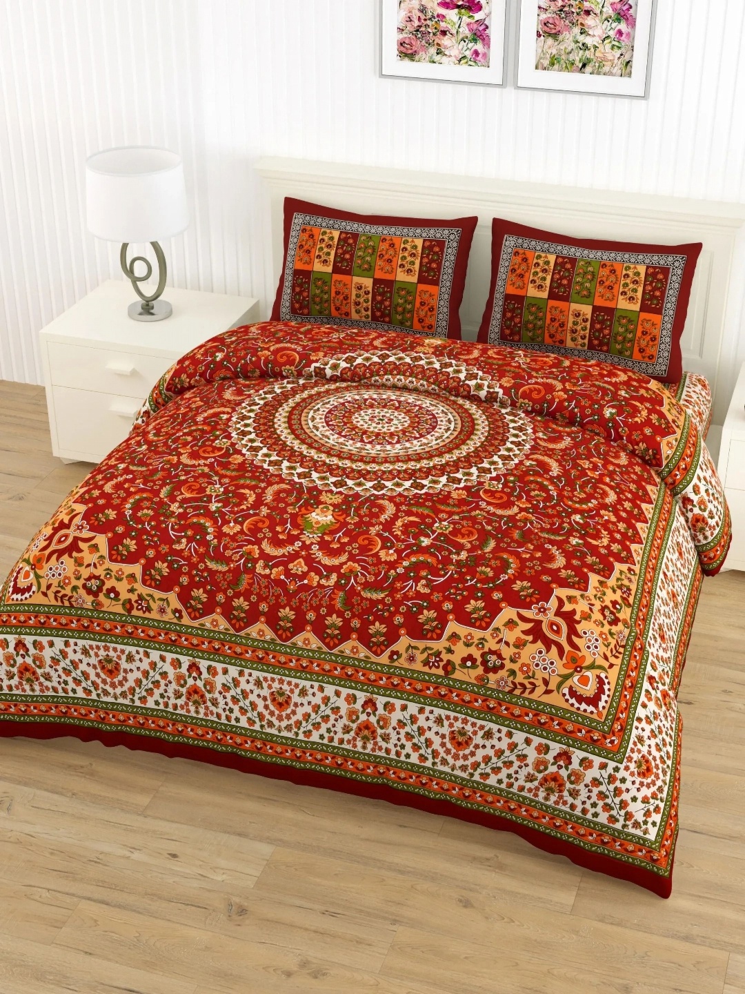 

LIVING ROOTS Red & Orange Floral 210 TC Queen Bedsheet with 2 Pillow Covers