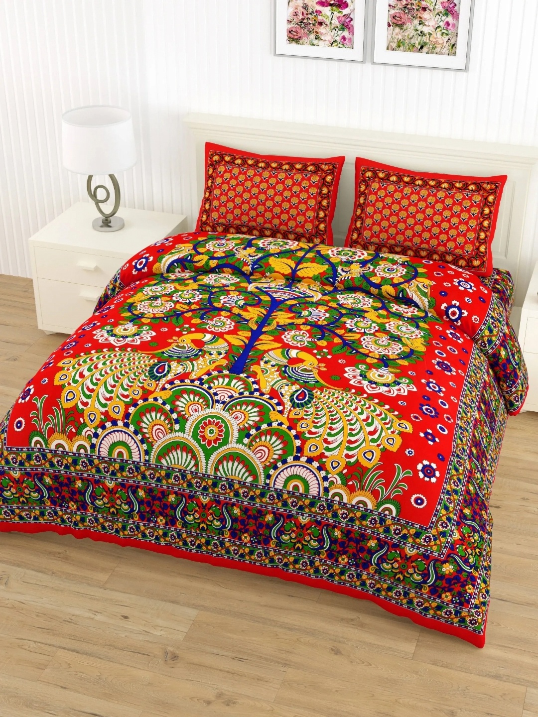 

LIVING ROOTS Double Queen Size Jaipur Block Print Cotton Double Bedsheet & 2 Pillow Covers, Red