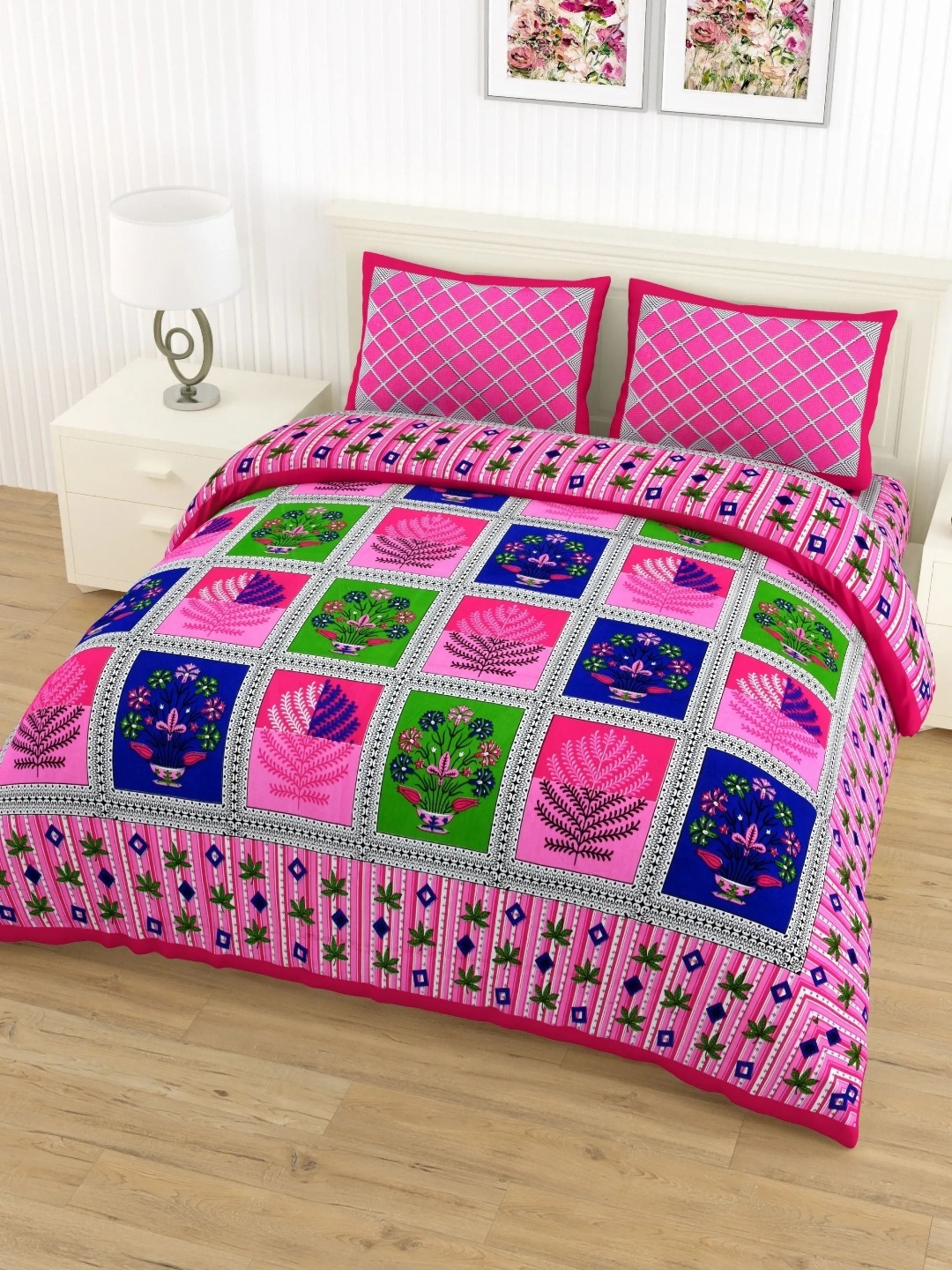

LIVING ROOTS Double Queen Size Jaipur Block Print Cotton Double Bedsheet & 2 Pillow Covers, Pink
