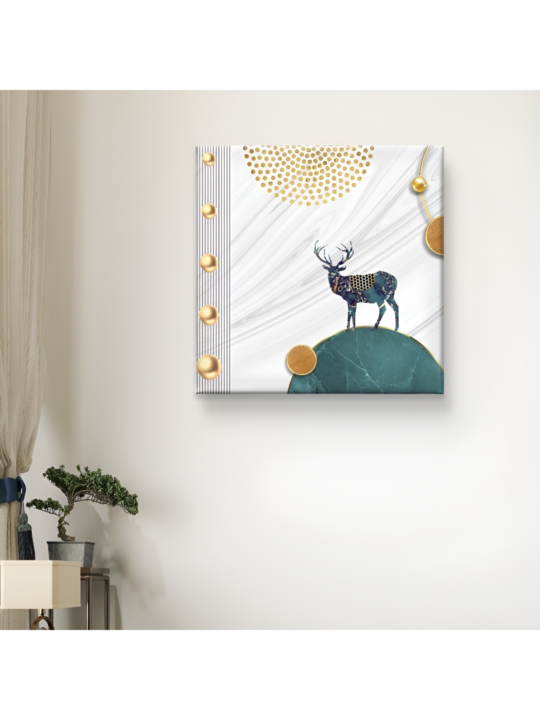 

SAF White & Blue Wooden Framed Wildlife Deer Canvas Wall decor Paintings