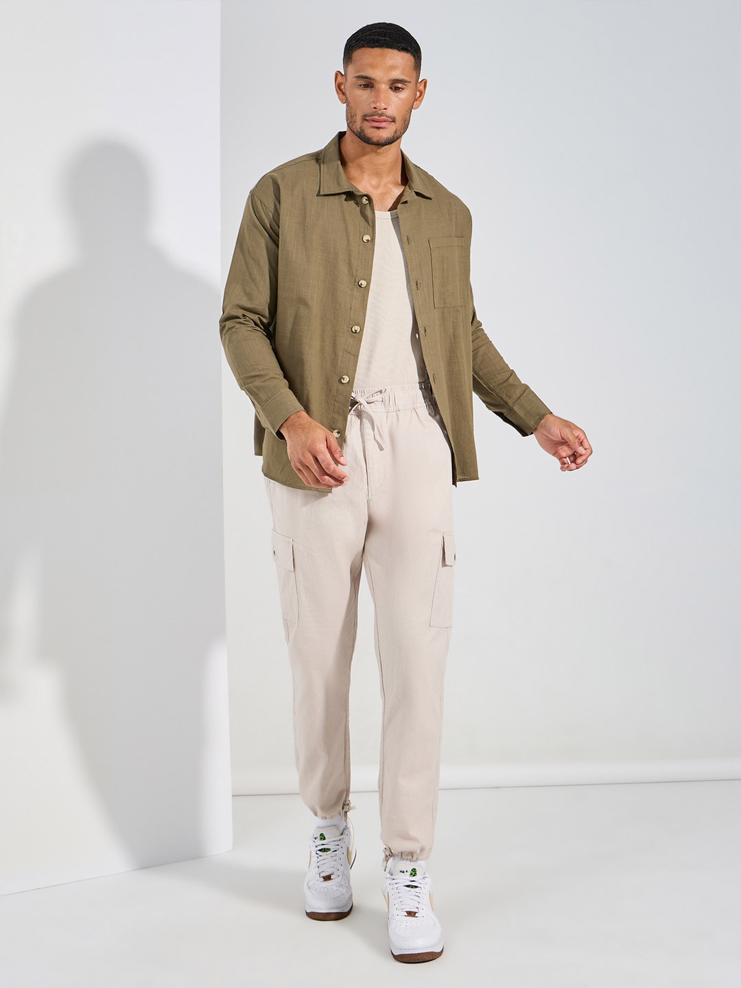 

Styli Cotton Slub Cargo Pocket Relax Fit Trousers With Adjustable Drawcord Hem, Cream