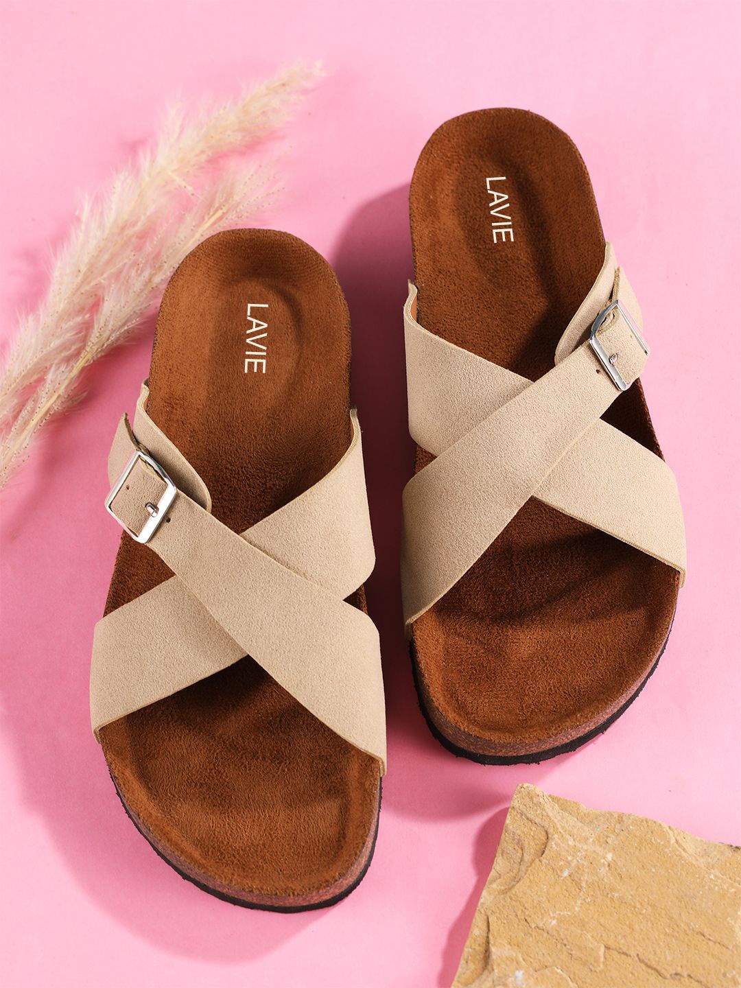 

Lavie Women Solid Open Toe Flats with Buckles, Beige