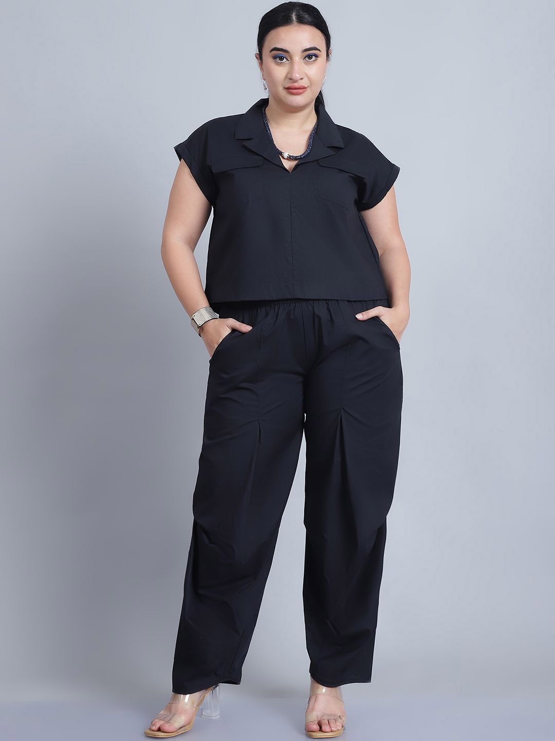 

Baawri Women Pure Cotton Shirt Collar Neck Top & Trousers Co-Ords, Black