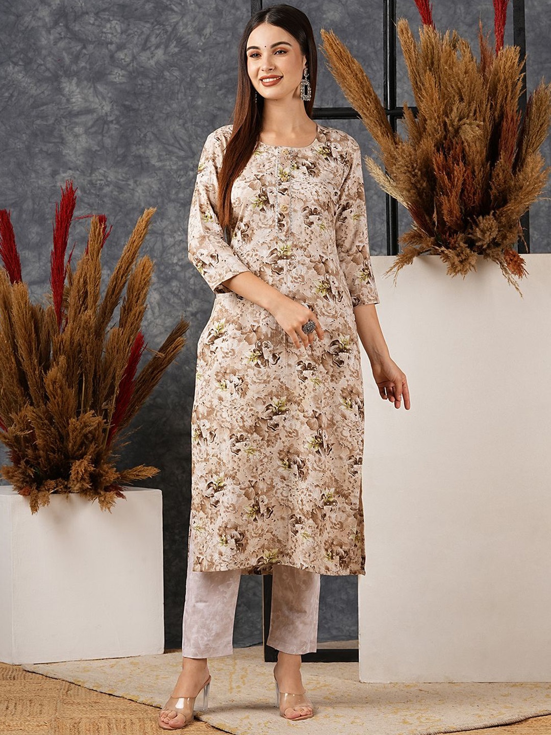 

Anni Designer Women Floral Printed Regular Kurta with Trousers, Beige