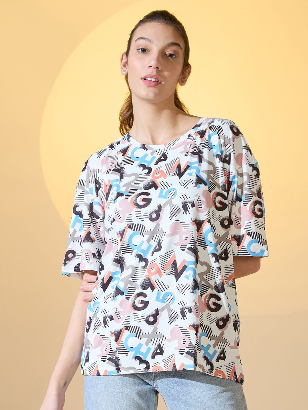 

DressBerry Women Conversational Printed Round Neck Oversized T-shirt, White