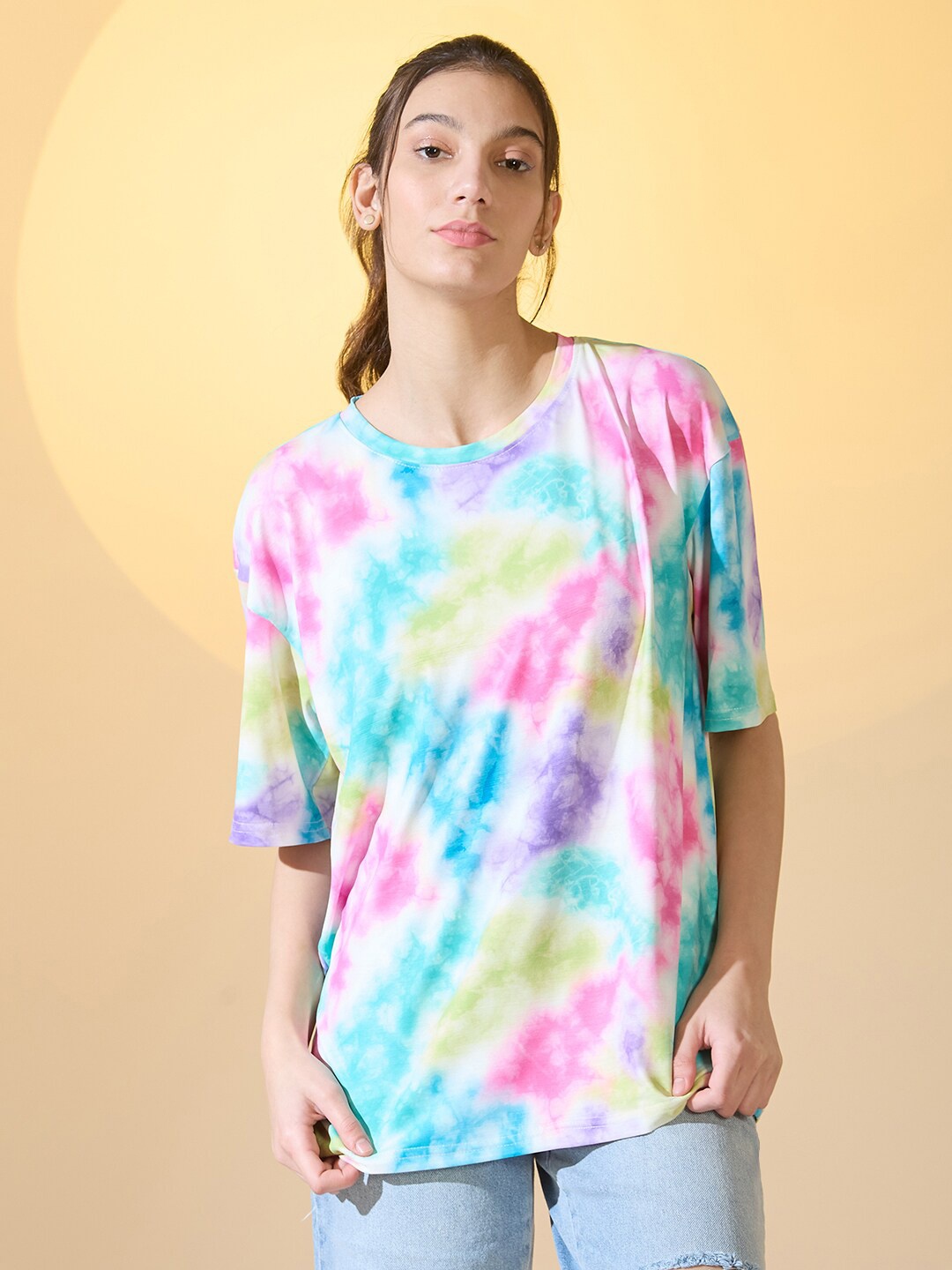 DressBerry Women Dyed Round Neck Oversized T-shirt, White