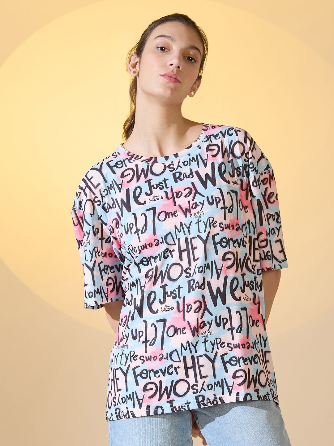 

DressBerry Women Typography Printed Round Neck Oversized Longline T-shirt, Blue