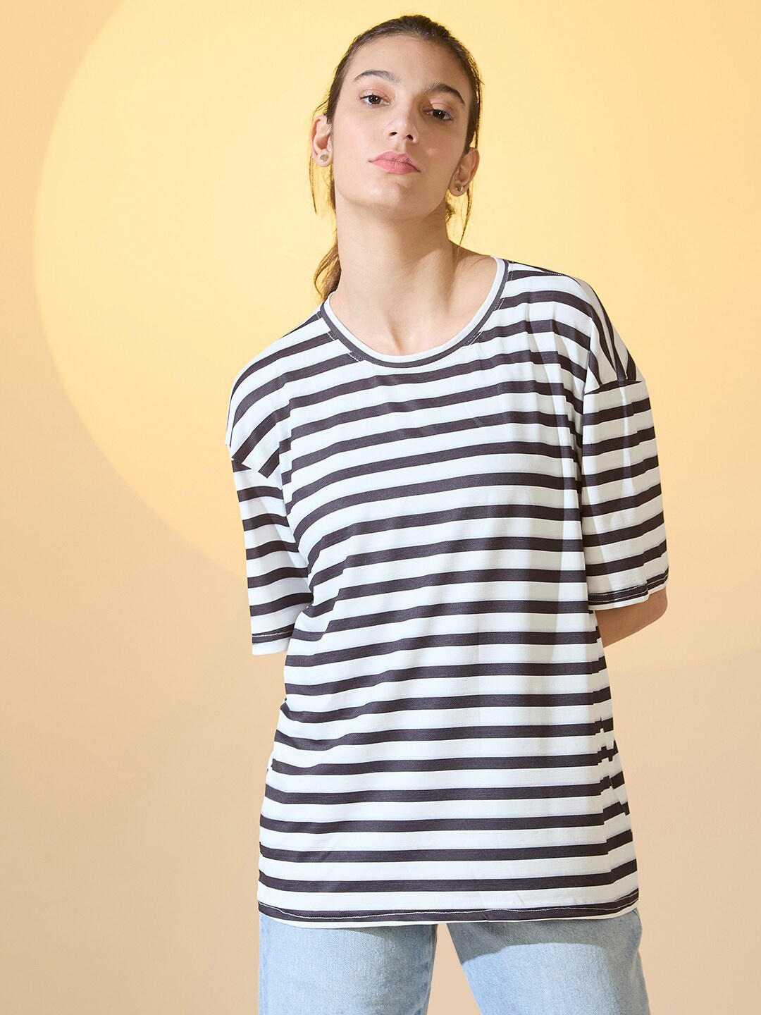 

DressBerry Women Striped Round Neck Oversized T-shirt, Black