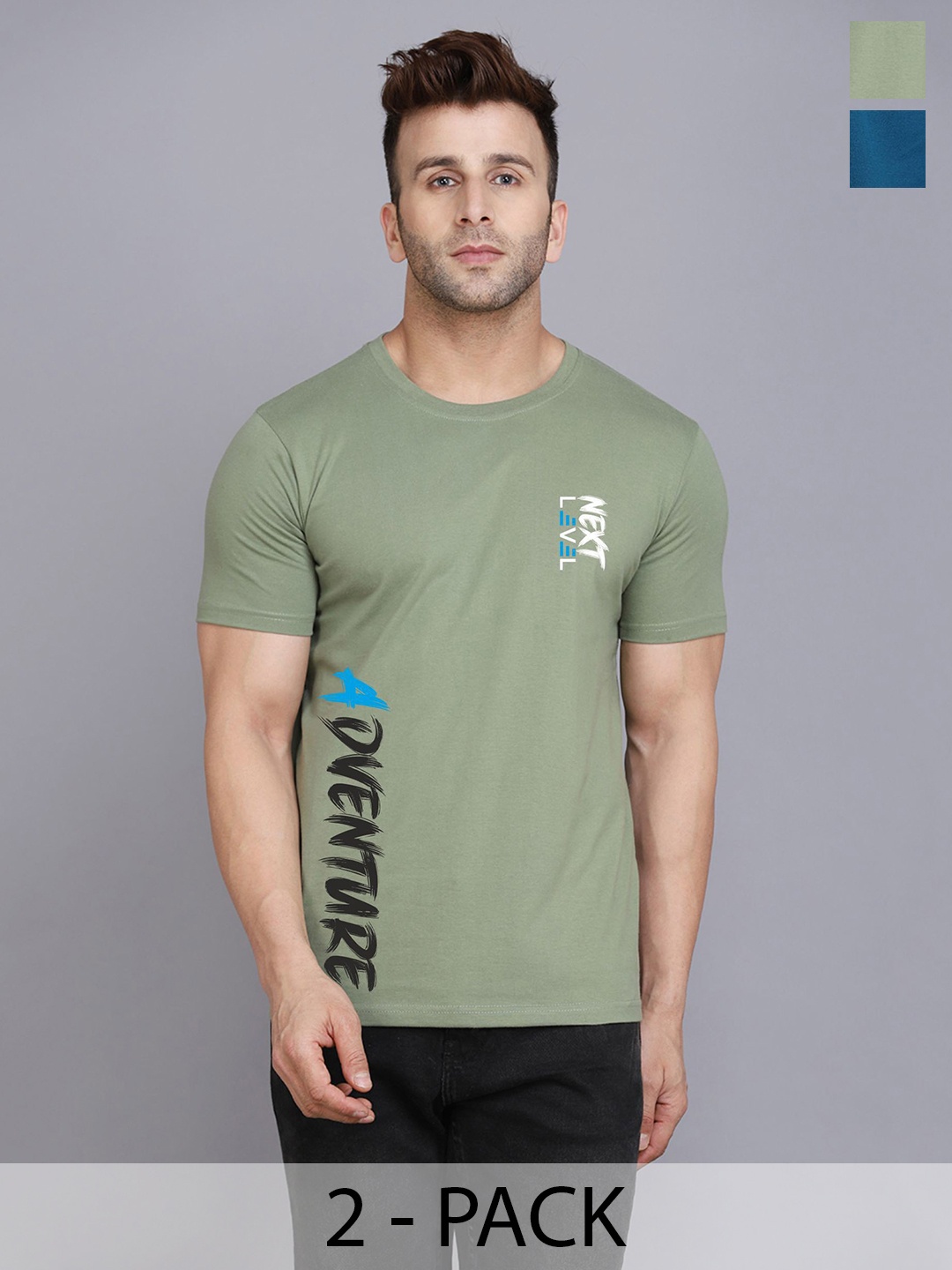 

SLOWLORIS Men Pack of 2 Typography Printed T-shirt, Turquoise blue