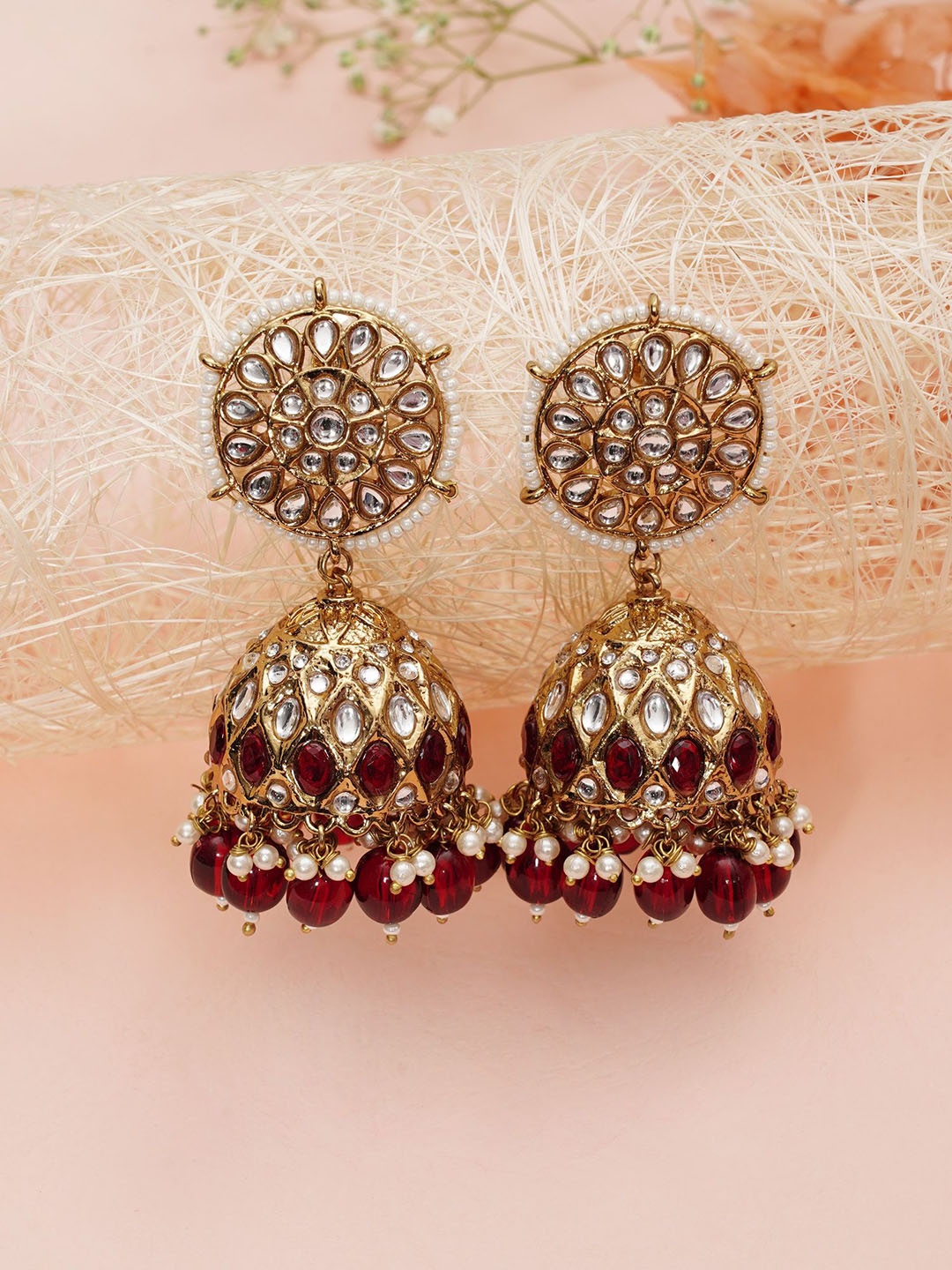 

Designbox Women Contemporary Kundan Jhumkas Earrings, Maroon