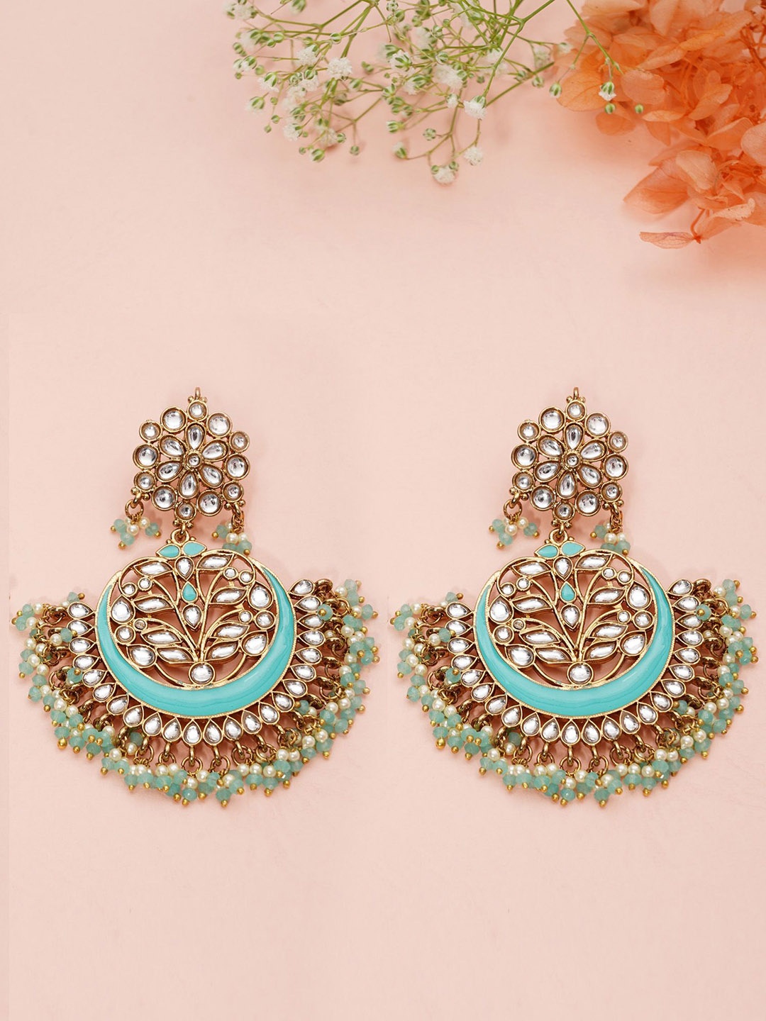 

Designbox Women Floral Kundan Chandbalis Earrings, Blue