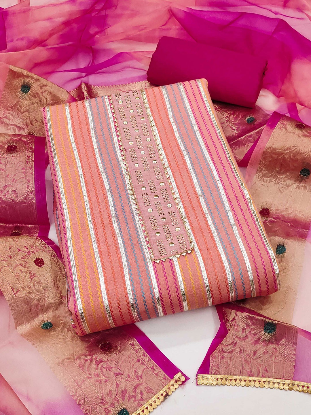 

KIMISHA Striped Gotta Patti Embroidered Unstitched Dress Material, Pink
