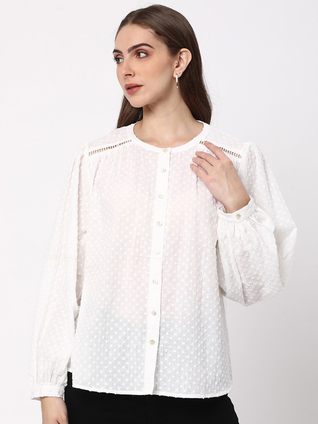 

R&B Self Design Cotton Shirt Style Round Neck Top, White