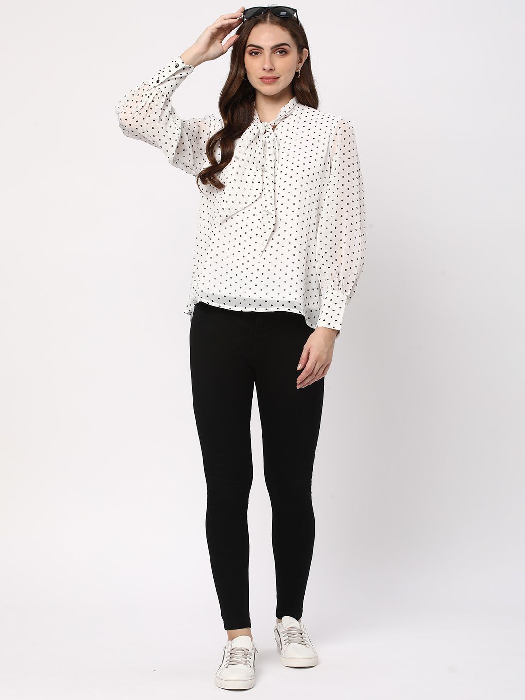 

R&B Polka Dot Printed Tie-Up Neck Shirt Style Top, White