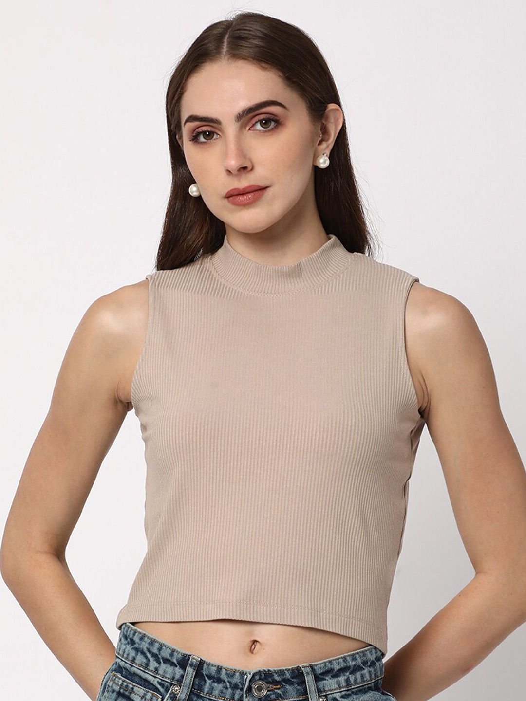 

R&B Solid Self Design High Neck Fitted Top, Grey
