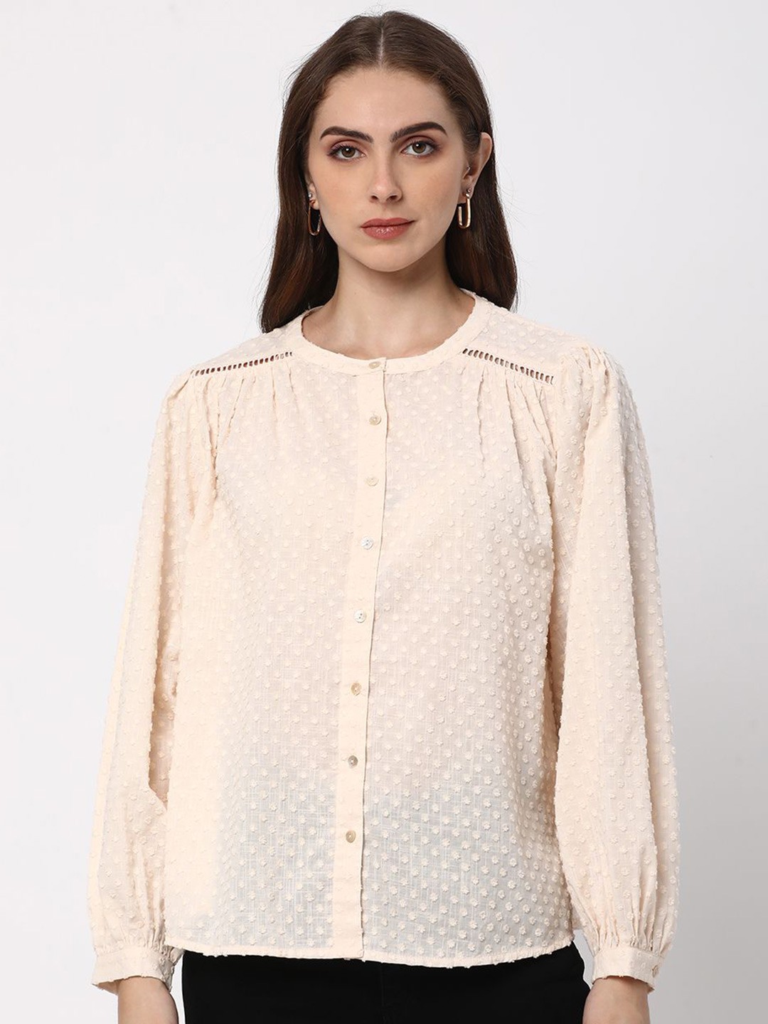 

R&B Self Design Cotton Shirt Style Round Neck Top, Pink