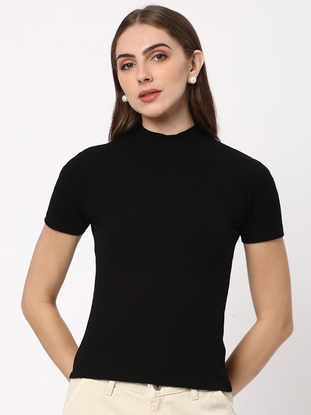 

R&B Solid Self Design High Neck Fitted Top, Black