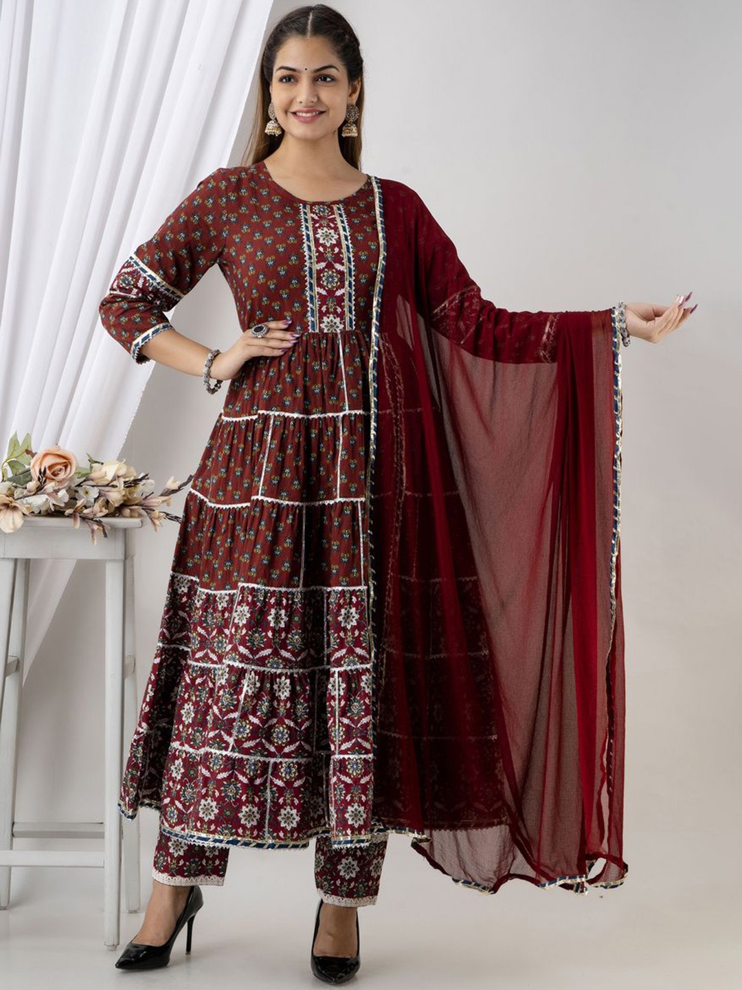 

D K W Women Floral Printed Regular Pure Cotton Anarkali Kurta with Trousers & Dupatta, Maroon