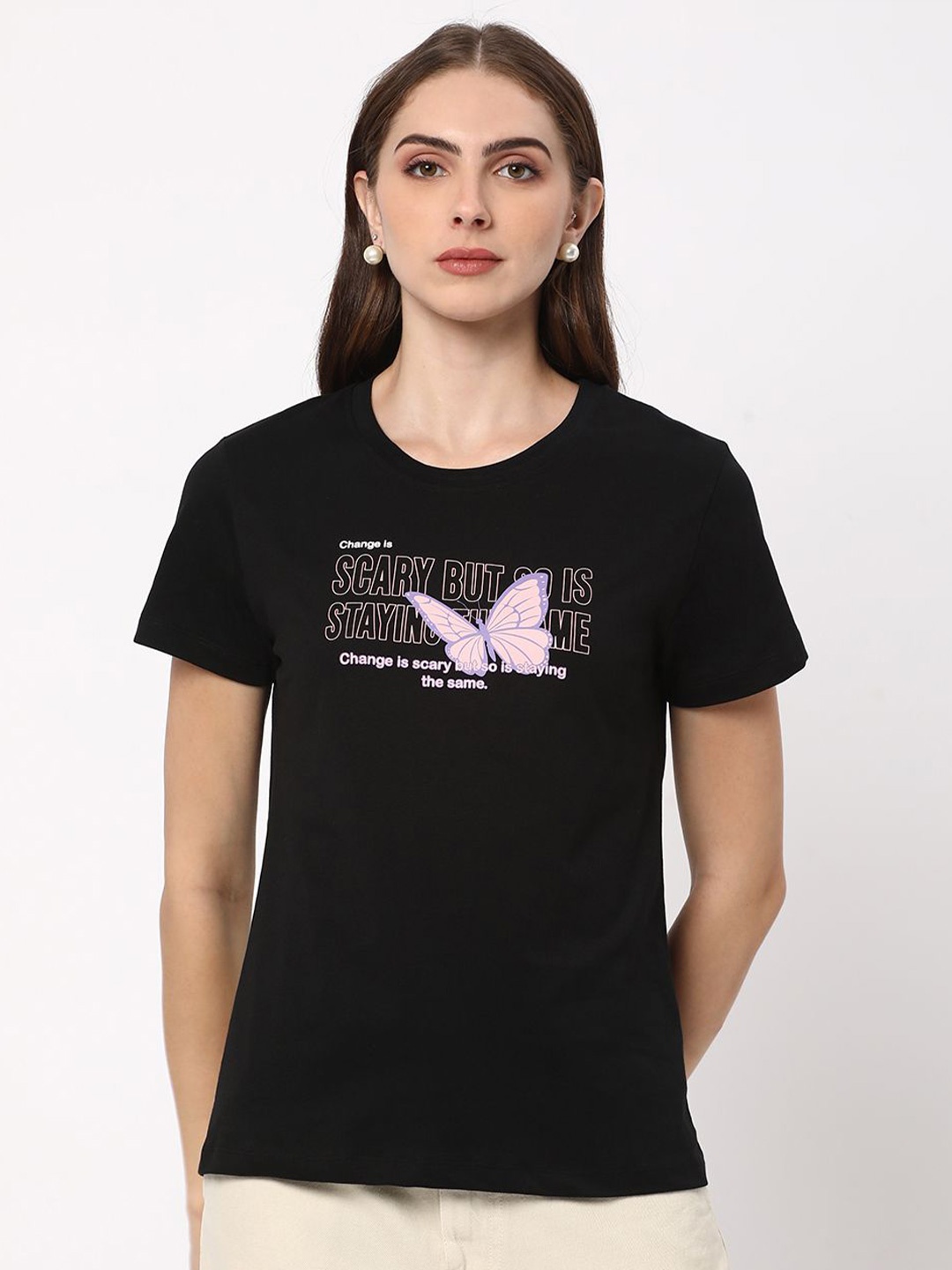 

R&B Women Typography Printed Round Neck T-shirt, Black