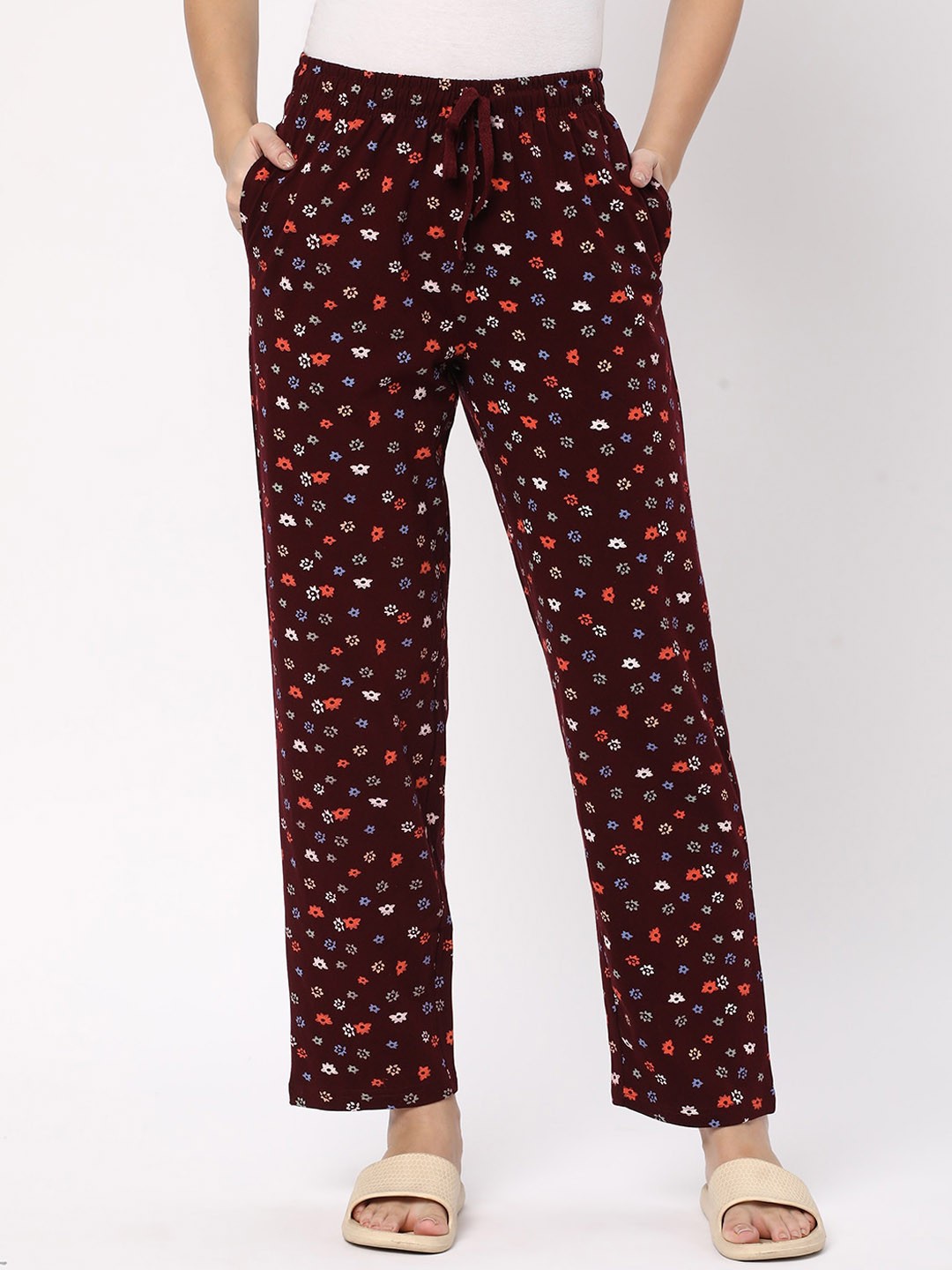 

R&B Women Printed Cotton Lounge Pants, Maroon