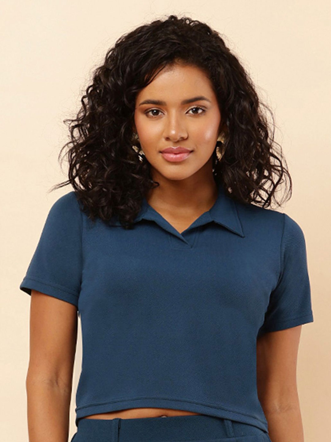 

SQew Solid Shirt Collar Crop Top, Teal