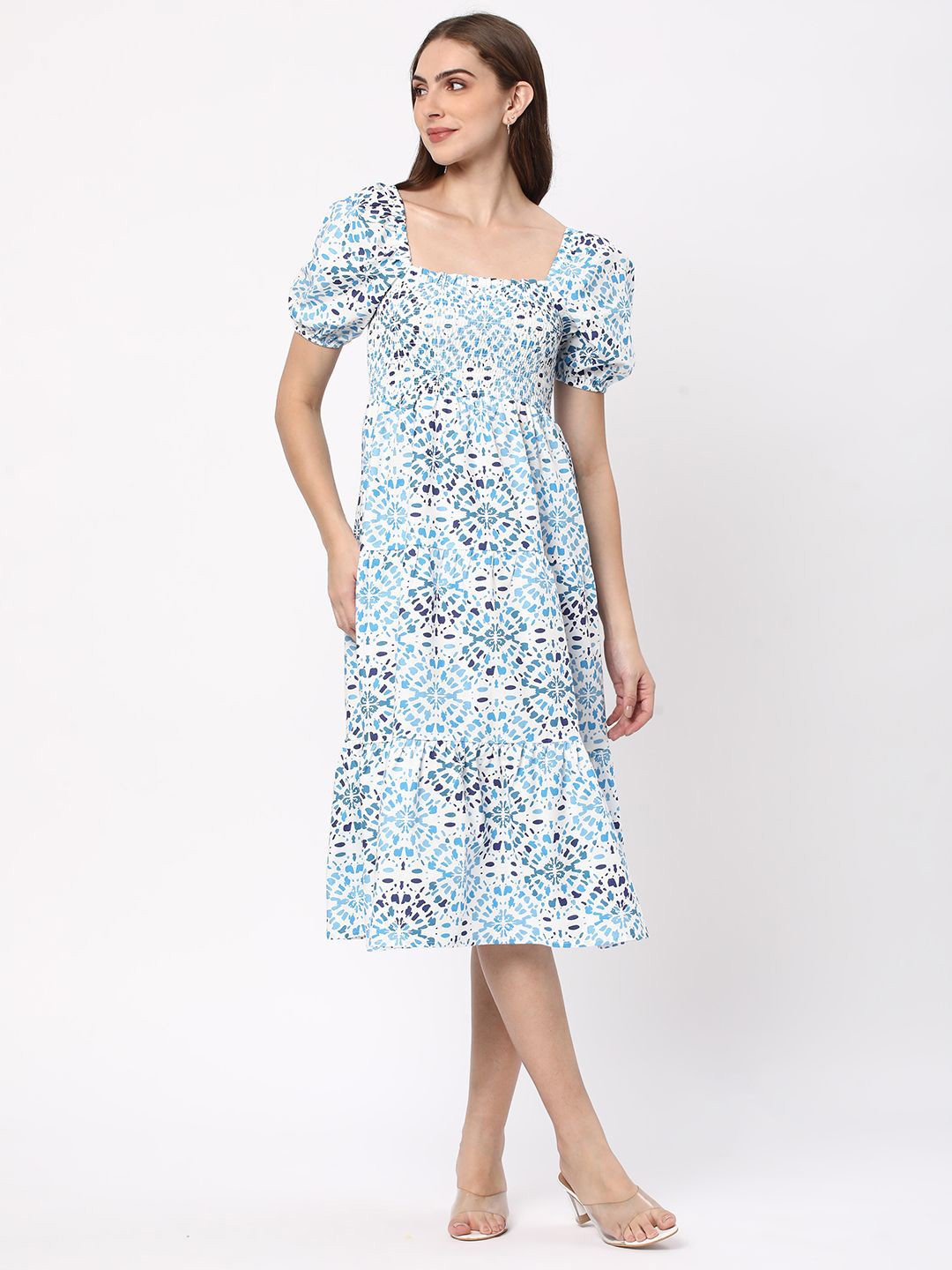 

R&B Floral Print Puff Sleeve Fit & Flare Midi Dress, Blue