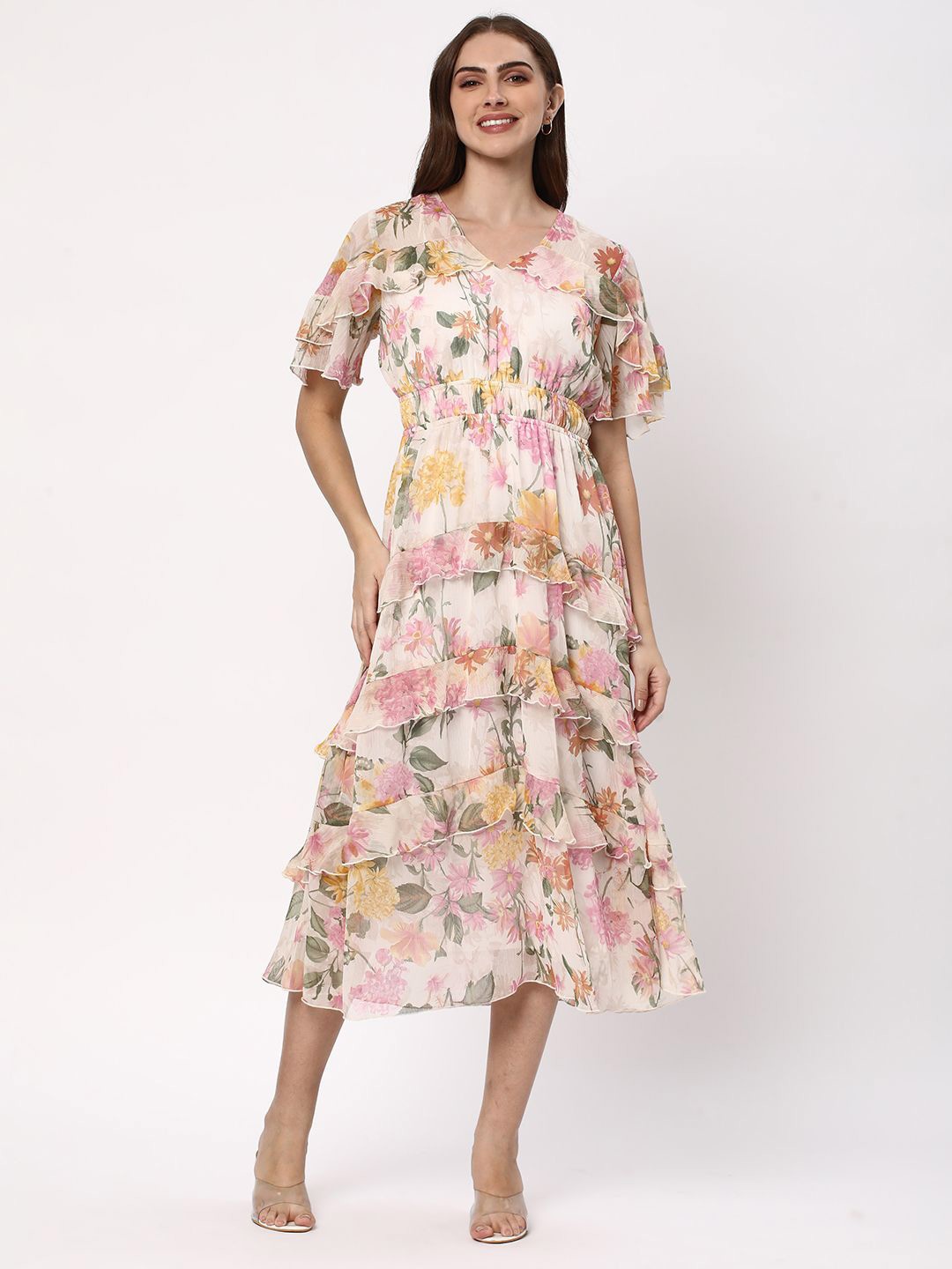 

R&B Floral Print Flared Sleeve Fit & Flare Midi Dress, White