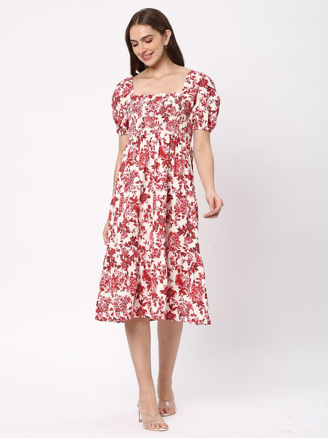 

R&B Puff Sleeve Fit & Flare Floral Midi Dress, Red