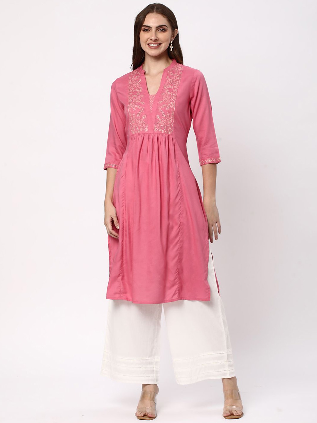 

R&B Women Flared Sleeves Thread Work Kurta, Pink