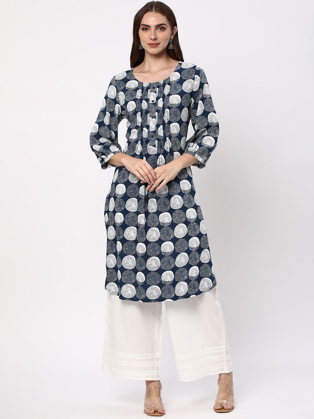 

R&B Women Round Neck Polka Dots Printed Pathani Kurta, Blue